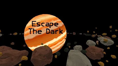 Escape the Dark: a striped planet among floating rocks in the dark
