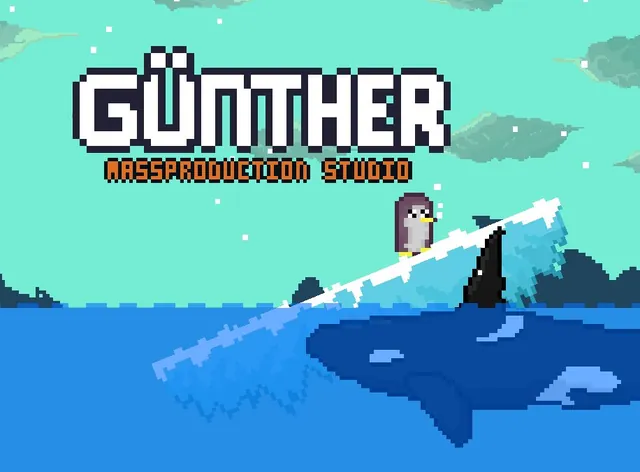 Günther: a pixel-art penguin on an ice floe above an orca