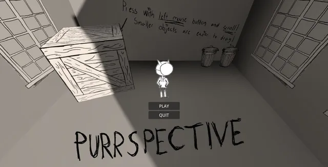 Purrspective jam version title screen in a sketched alley