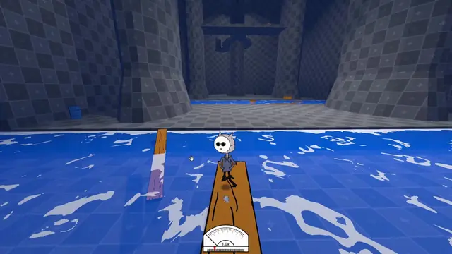 Riding a scaled-up plank across a flooded hall